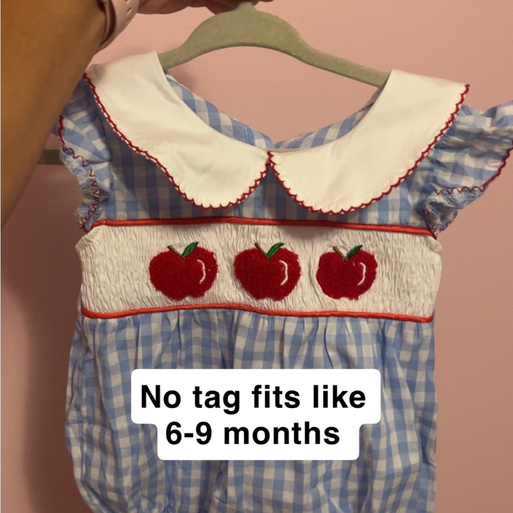 Blue and White Gingham Baby Dress with Red Apple Embroidery